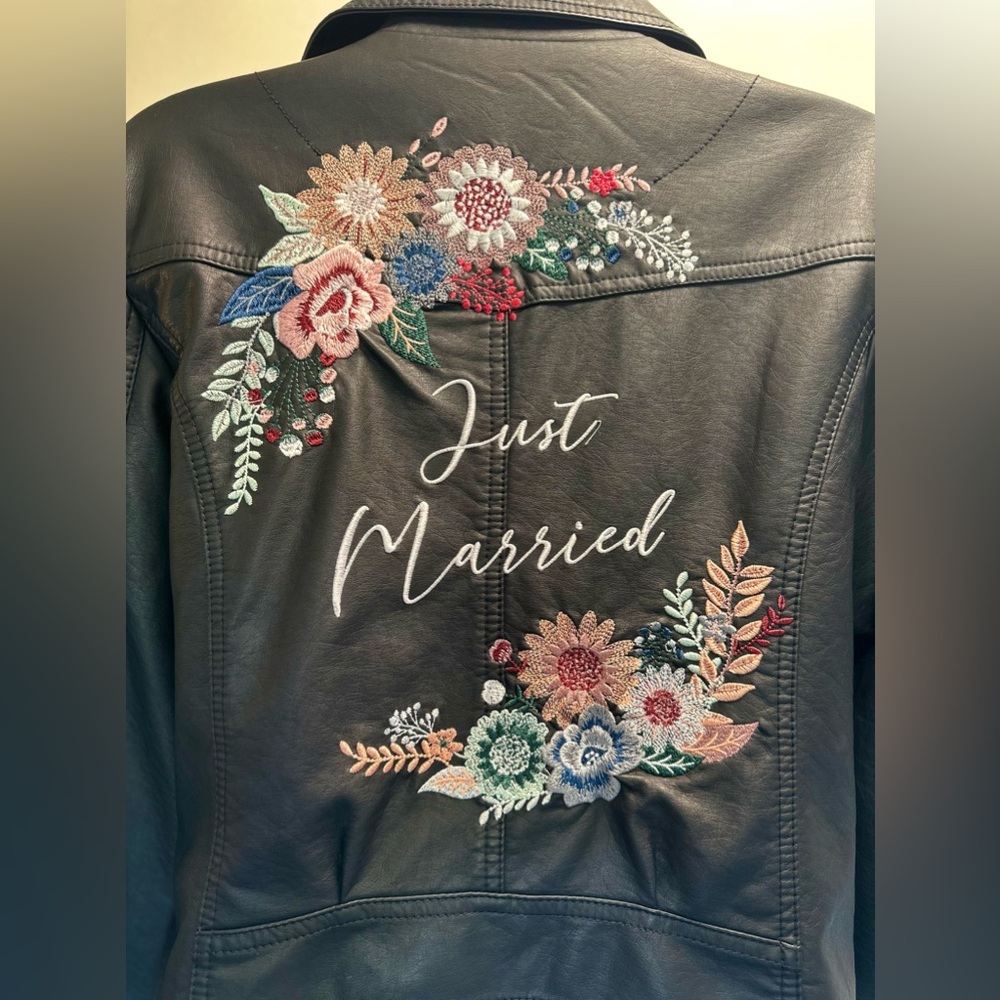 Faux Leather/“Pleather” Moto Jacket w/floral embroidery for Just Married Bride!